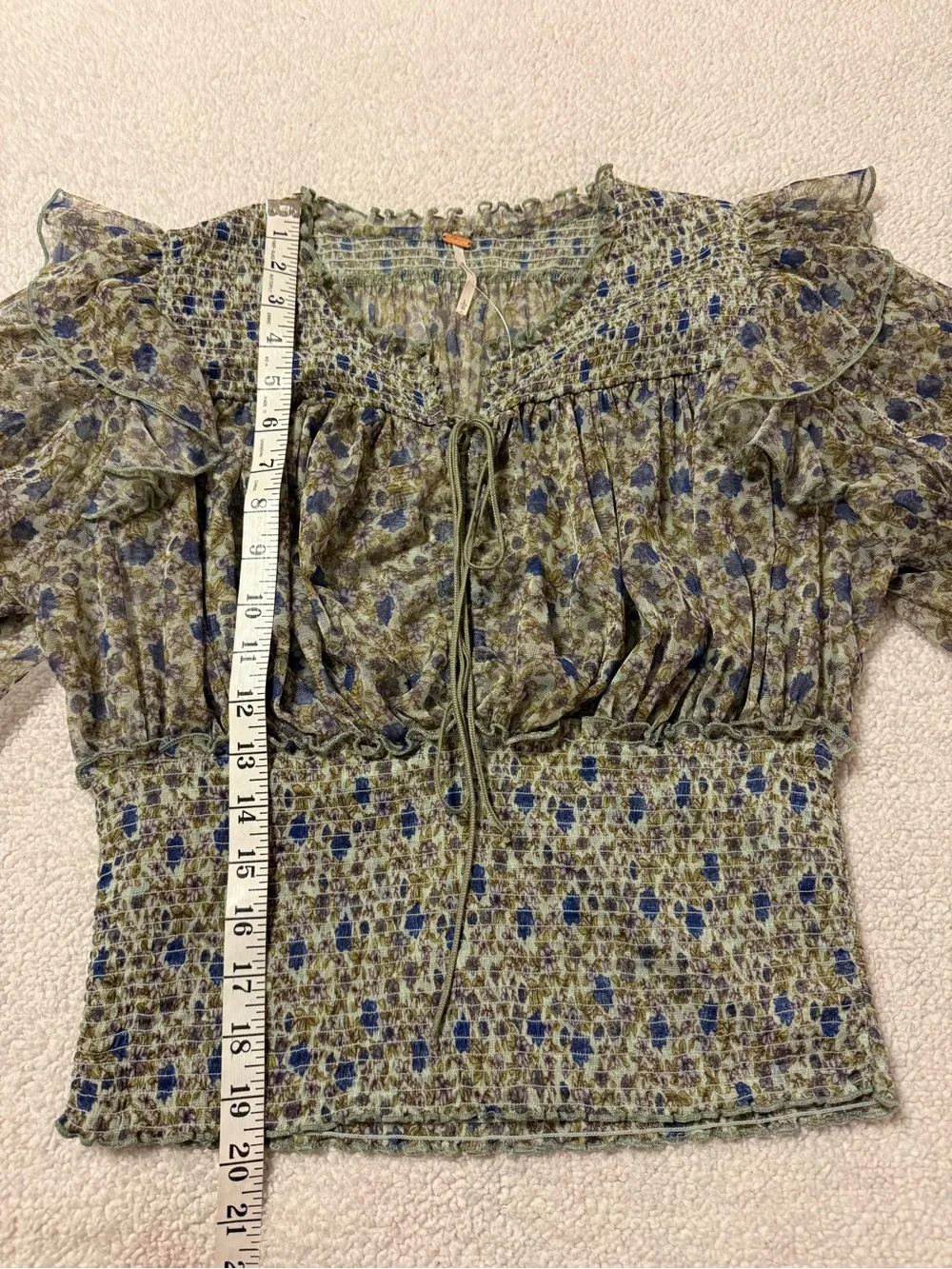 Free People Beatrice Floral Smocked Peasant Corset Blouse Top Green Puff Sleeve